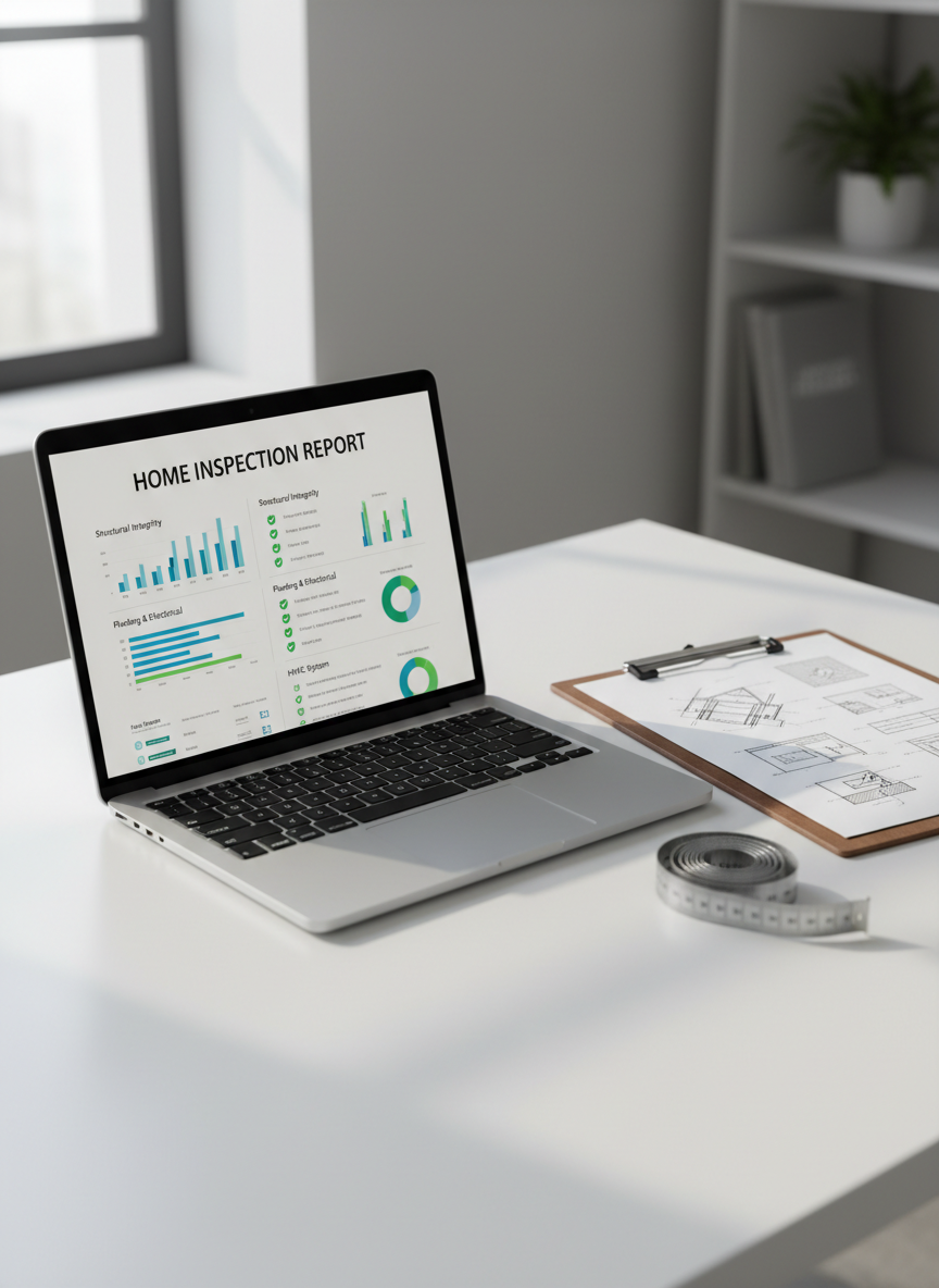 A pristine digital home inspection report displayed on a thin, modern silver laptop resting on a clean white desk, beside a neatly stacked clipboard with detailed home diagrams and a stainless steel measuring tape. The screen shows clear charts, green checkmarks, and organized sections. Soft daylight from a nearby window washes over the scene, creating gentle reflections on the laptop surface and faint shadows from the tools. Photographic realism at eye level, with a shallow depth of field that subtly blurs a neutral office background, conveying speed, clarity, and professional reliability in a calm, modern atmosphere.